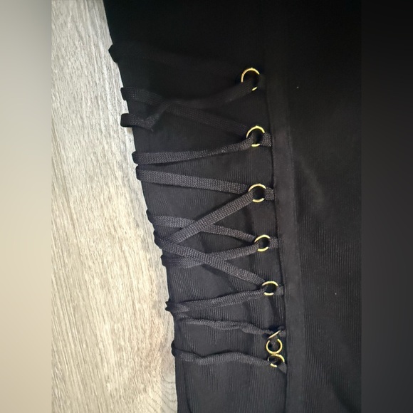 Bebe Black Corset Lace Up Bandage Mini Dress Gold Zipper Size S - Picture 3 of 6